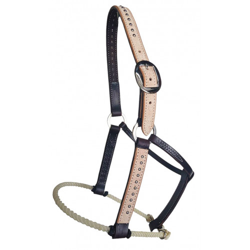 H10-RSP25-C- Chocolate halter w/Rough out & cowboy dots