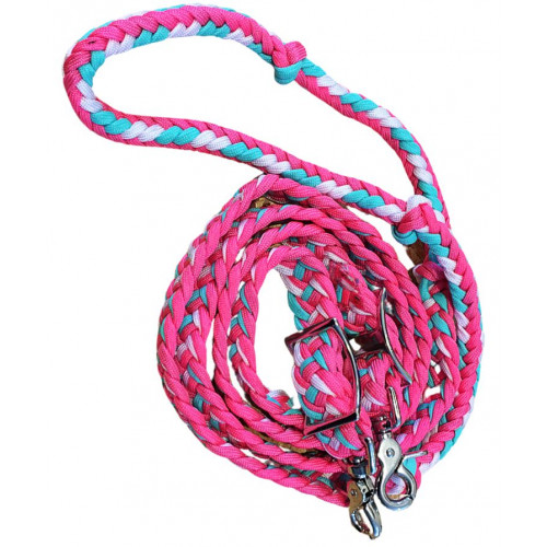 470000- Hot pink,Mint, & White braided paracord barrel rein. NP hardware