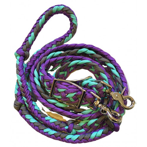 470000- Purple, Grey, & Mint braided paracord barrel rein. NP hardware 470000- Purple, Grey, & Mint braided paracord barrel rein. NP hardware