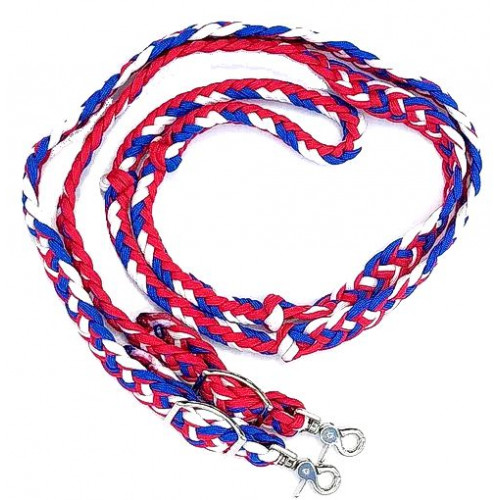 470000- Red, White, & Blue braided paracord barrel rein. NP hardware 470000- Red, White, & Blue braided paracord barrel rein. NP hardware