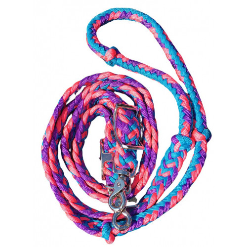 470000- Hot pink, Purple, & Sky Blue braided paracord barrel rein. NP hardware
