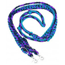 470000- Purple, Black, & Turquoise braided paracord barrel rein. NP hardware 470000- Purple, Black, & Turquoise braided paracord barrel rein. NP hardware