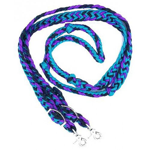 470000- Purple, Black, & Turquoise braided paracord barrel rein. NP hardware 470000- Purple, Black, & Turquoise braided paracord barrel rein. NP hardware