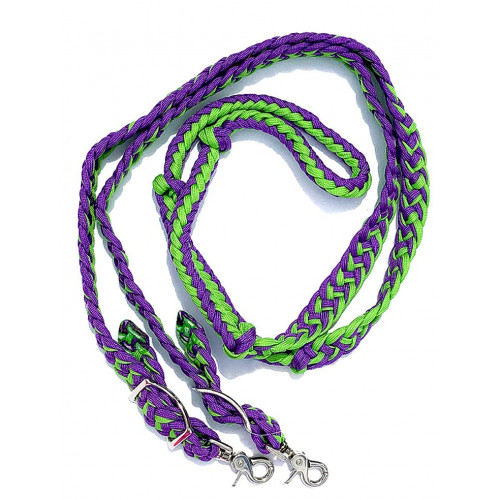 470000- Lime & Purple braided paracord barrel rein. NP hardware
