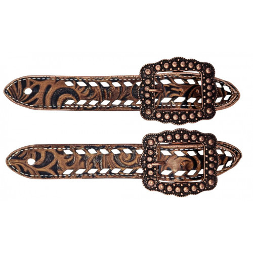 SS150-1BS-CH-WHITE- Copenhagen brown floral belt style spur strap w/ White lace