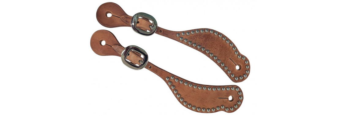 Shaped harness leather spur straps with spots